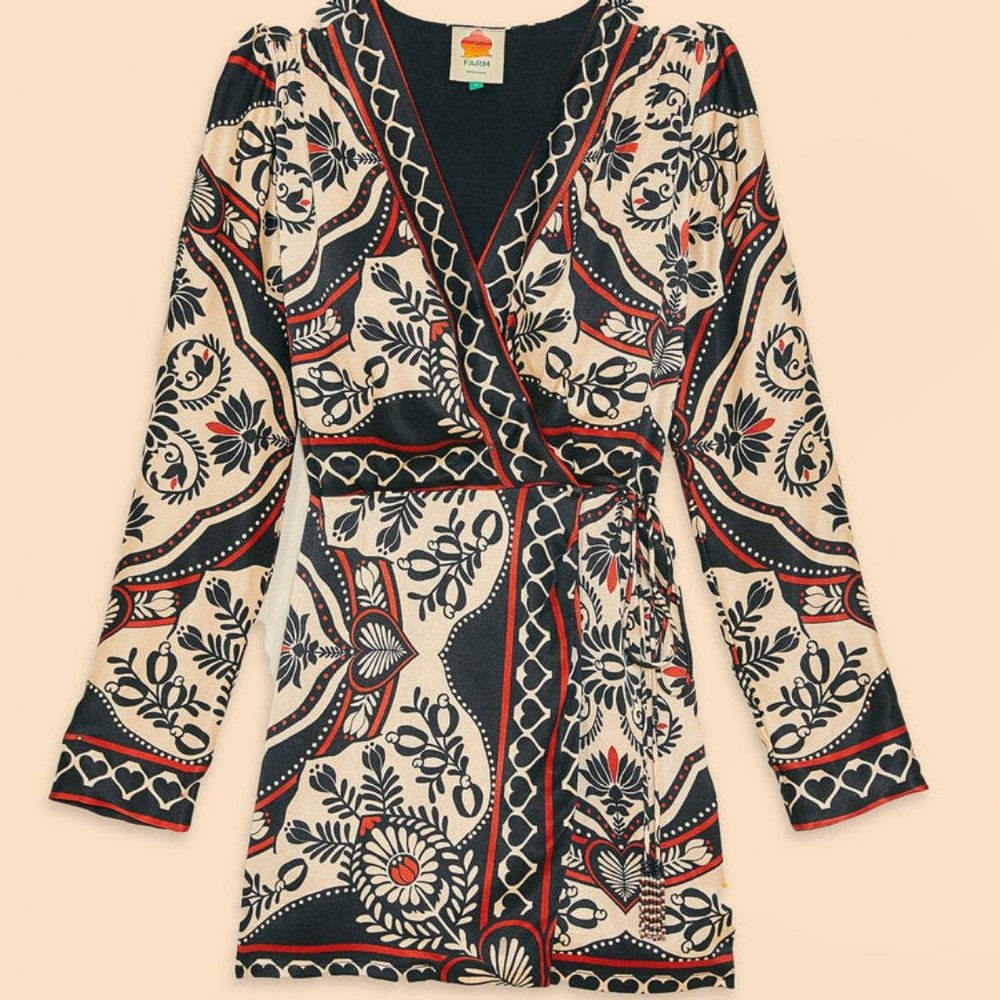 NEW Farm Rio Black Passion Scarf Mini Wrap Dress size S #3073